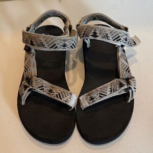 Teva Women's Gray Patterned Strap Sandals with Black Footbed